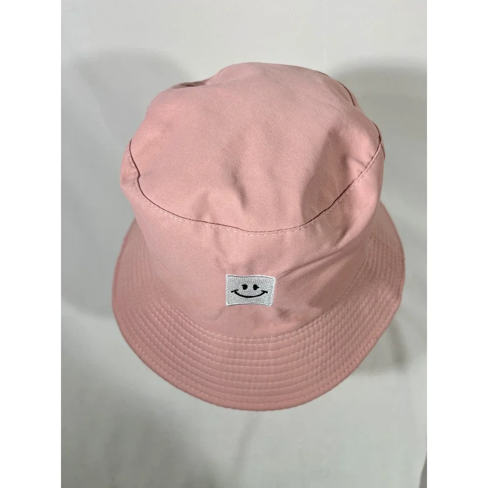 Kids Pink Bucket Hat Happy Face Embroidered Cotton Sun Hat Beach‎ Vacay Resort